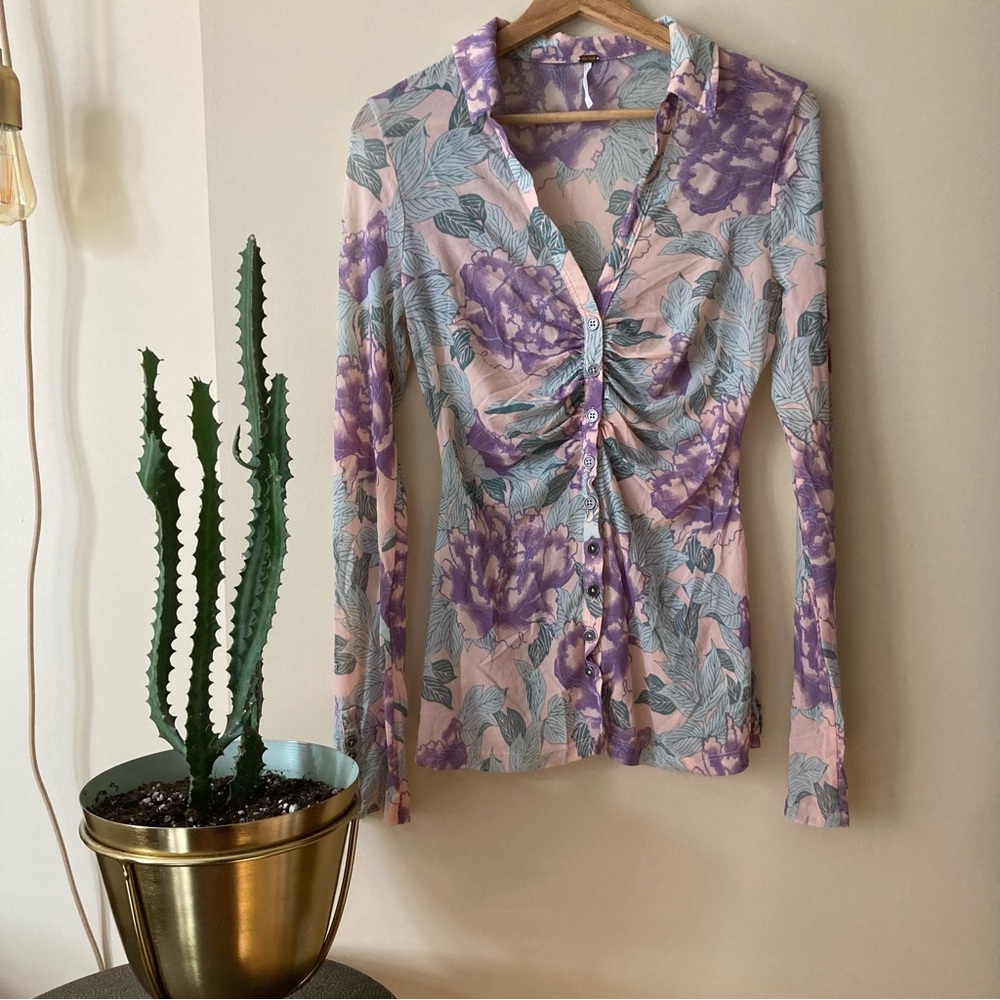 Free People Lucky Shirtee Slinky Ruched Mesh Button Down in Floral Print